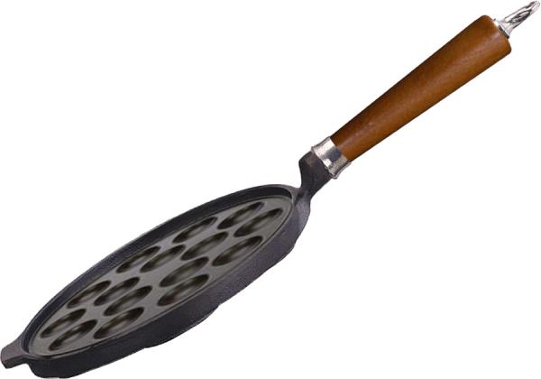 Ronneby Bruk Maestro Gusseisen Poffertjes-Pfanne 24cm mit braunem Buchenholzgriff